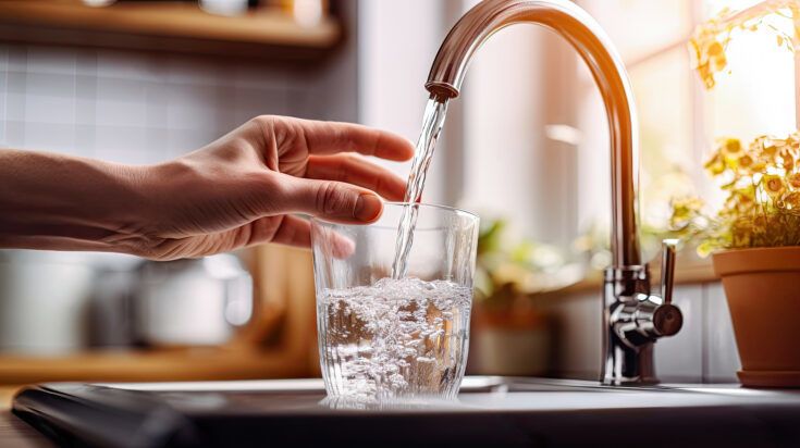 Water Source In The Kitchen: Glass Cup Filled From Tap With Clean Water Generative Ai